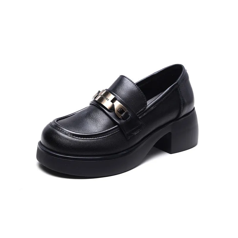 Women Retro Classic Leather Chunky Heel Loafers