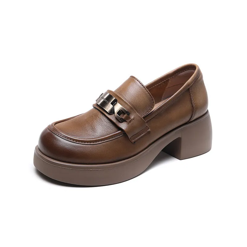 Women Retro Classic Leather Chunky Heel Loafers