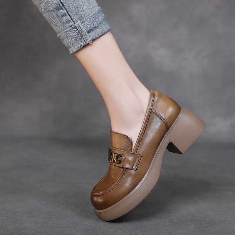 Women Retro Classic Leather Chunky Heel Loafers