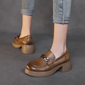 Women Retro Classic Leather Chunky Heel Loafers