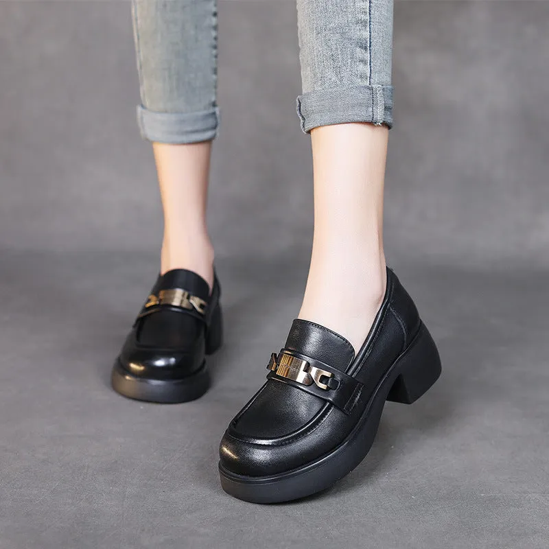 Women Retro Classic Leather Chunky Heel Loafers