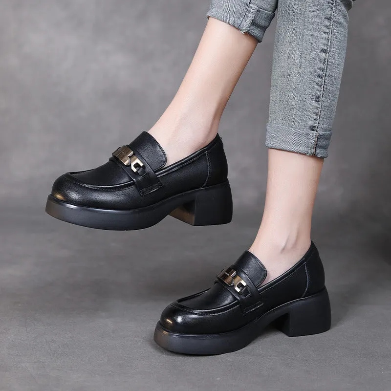 Women Retro Classic Leather Chunky Heel Loafers