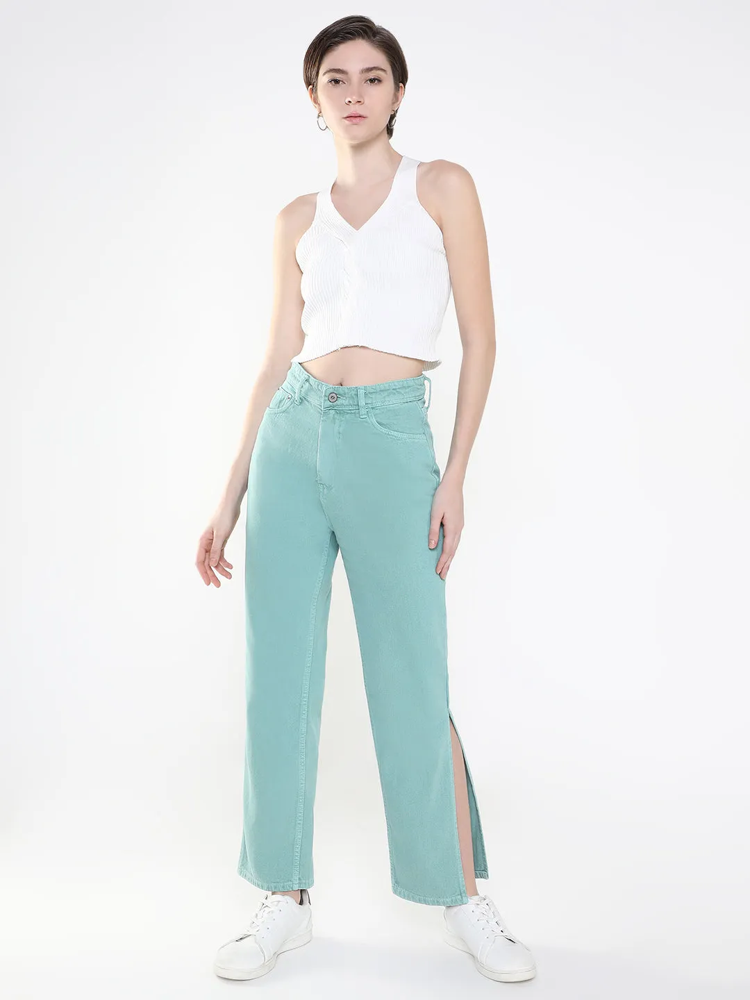 Women Sea Green Straight Fit Jeans