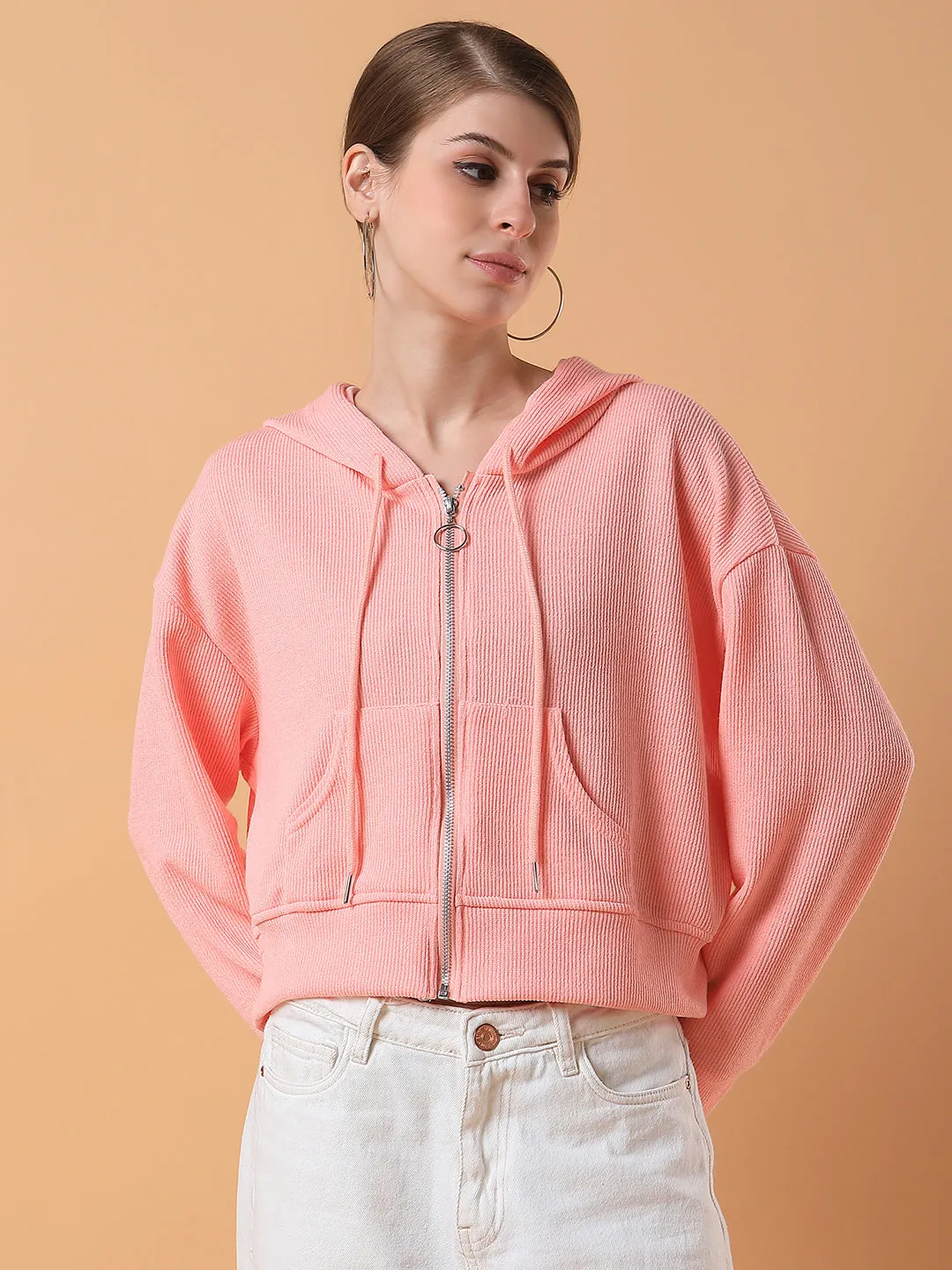 Women Solid Pink Hooded Sweatshirt