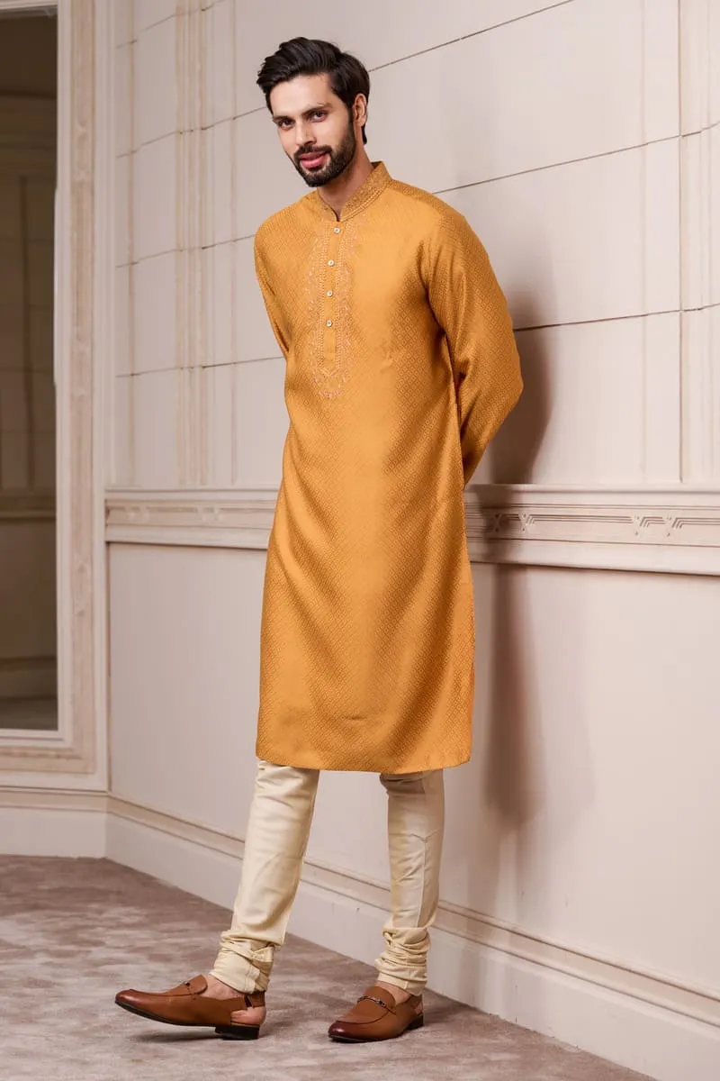 Yellow Self-Textured Kurta Set