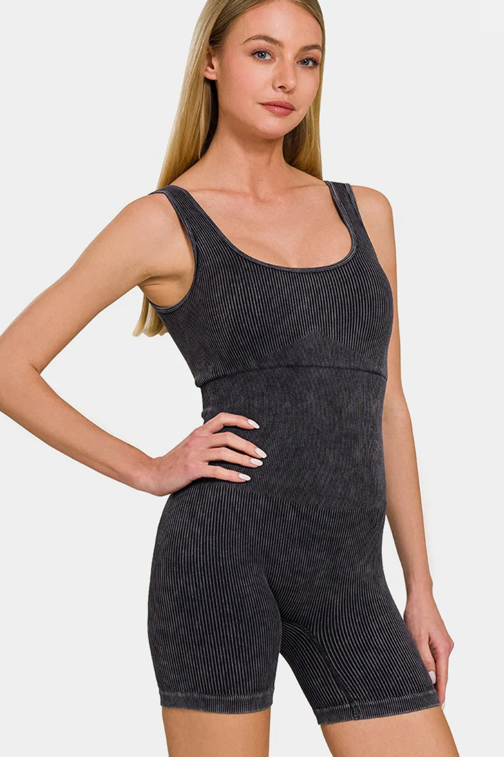 Zenana Washed Ribbed Romper with Pad | Trendy Women's One-Piece Outfit